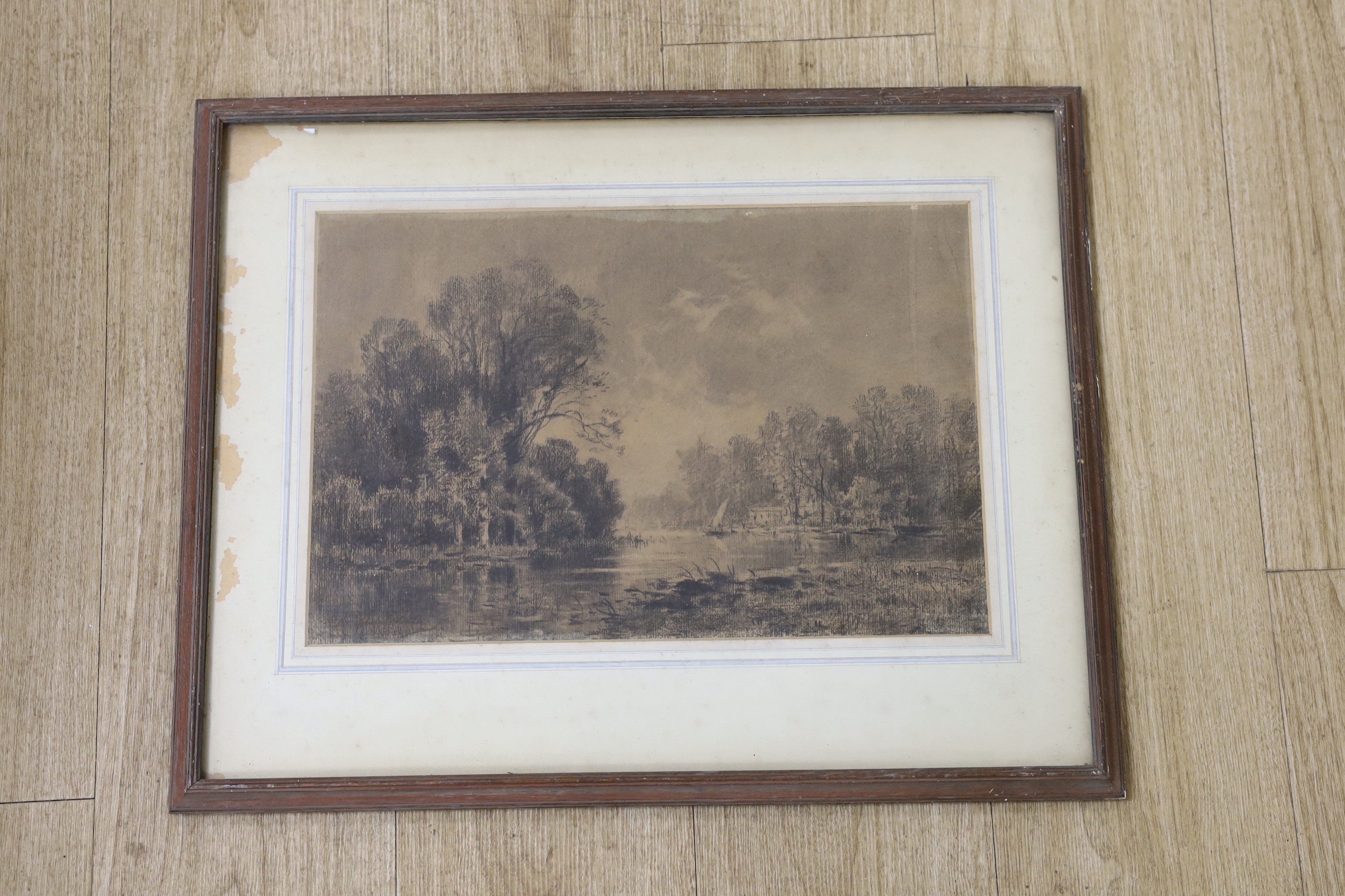 Maxime Lalanne (1827-1886), charcoal on paper, River landscape, label remnant verso, 28 x 41cm